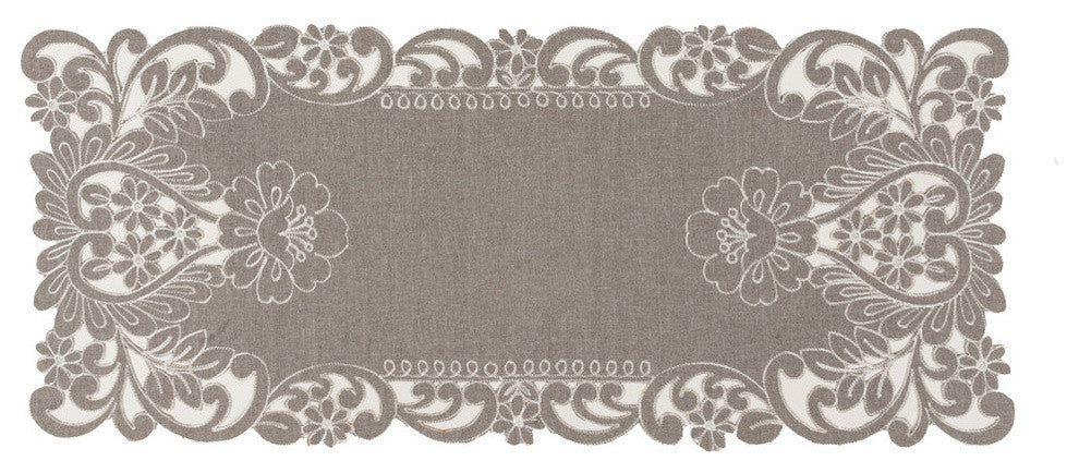 Claire Floral Embroidered Cutwork Table Runner, Gray, 16"x 36"