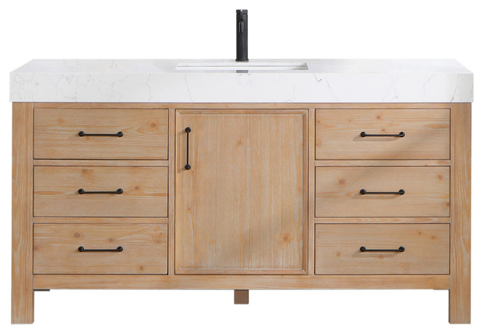 Leon Bath Vanity With Composite Stone Top, Fir Wood Brown, 60" Single Sink, No Mirror