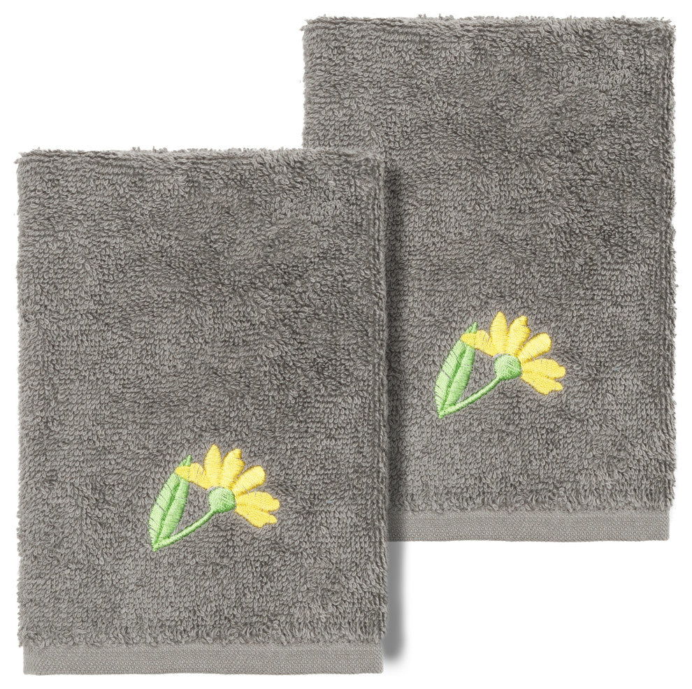 Linum Home Turkish Cotton Daisy 2-Piece Embellished Washcloth Set, Dark Gray