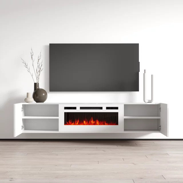 72" High Gloss Floating Fireplace TV Stand, Modern Wall-Mounted Design, White