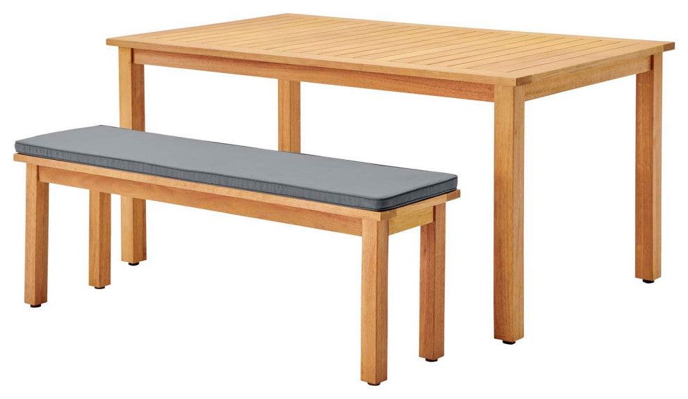 Side Dining Bench Chair and Table Set, Rectangular, Wood, Natural Gray, Outdoor
