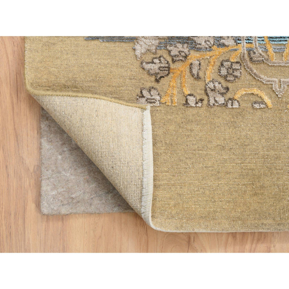 Tan/Brown Silk With Textured Wool Hand Knotted Sarouk Square Rug, 12'0"x12'2"