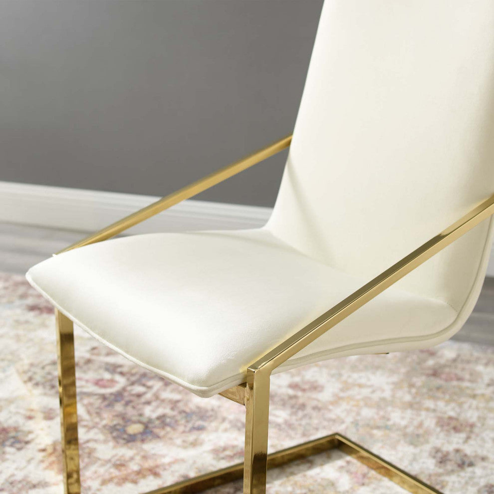 Side Dining Chair, Velvet, Metal, Gold Ivory White, Modern, Bistro Restaurant