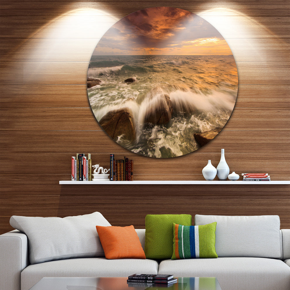 Rushing Ocean Waves Into Rocks, Seashore Disc Metal Artwork, 11"