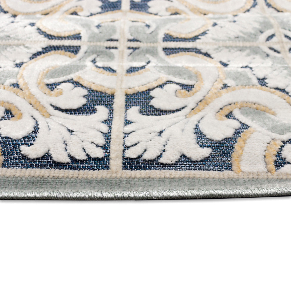 Canyon Floral Tile Indoor/Outdoor Rug, Navy, 7'8"square