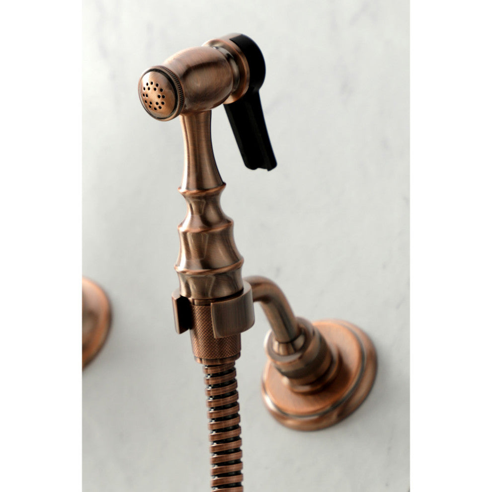KS124ALBSAC Wall Mount Bridge Kitchen Faucet With Brass Spray, Antique Copper