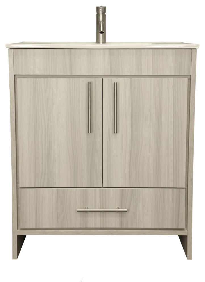 Pacific 30" Vanity With Integrated Ceramic Top and Brushed Nickel Handles, Ash G