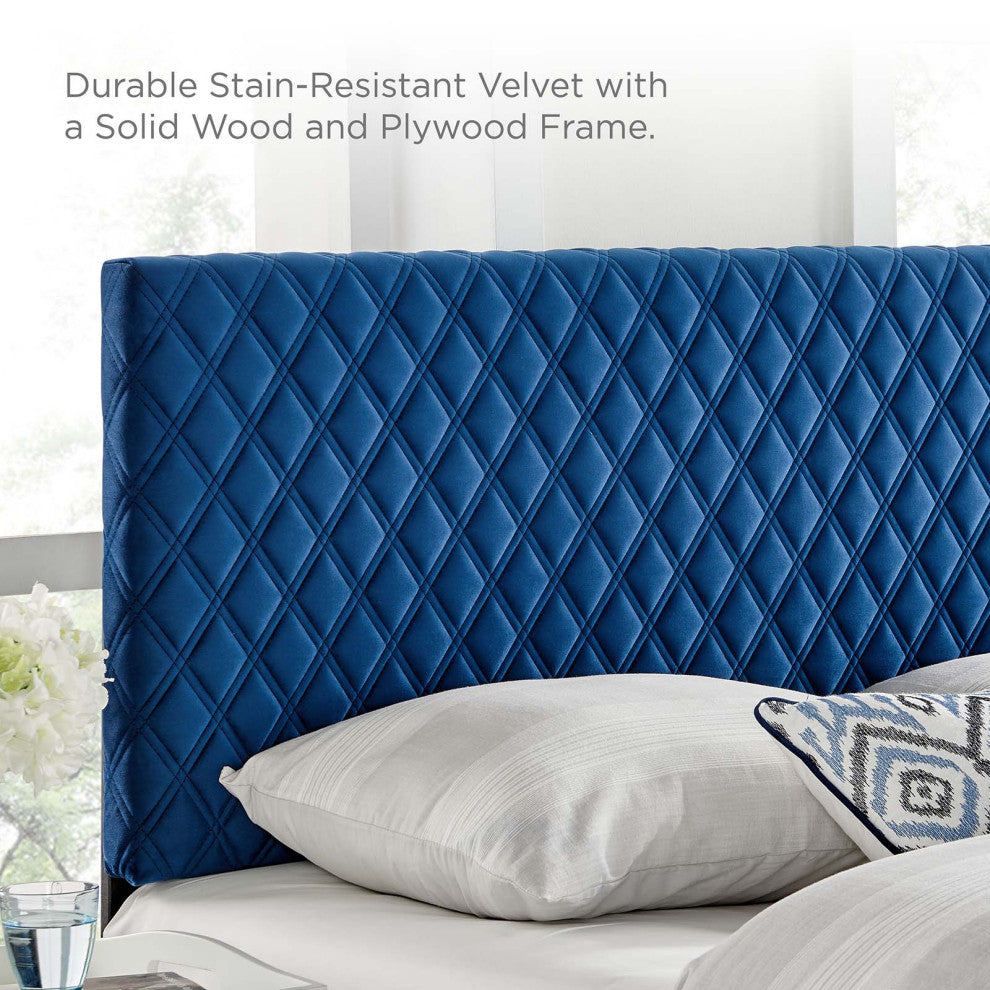 Platform Bed Frame, King Size, Blue Navy, Velvet, Modern, Bedroom Guest Suite