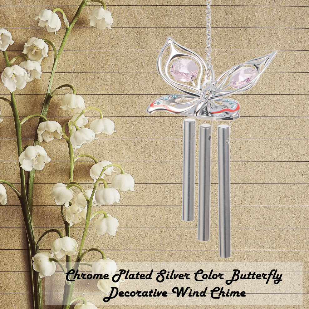 Chrome Plated Silver Color Butterfly Decorative Wind Chime With Crystals