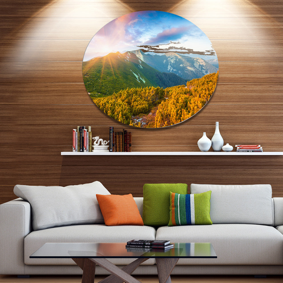 Bright Sunrise In Carpathian Mountains, Landscape Round Wall Art, 11"