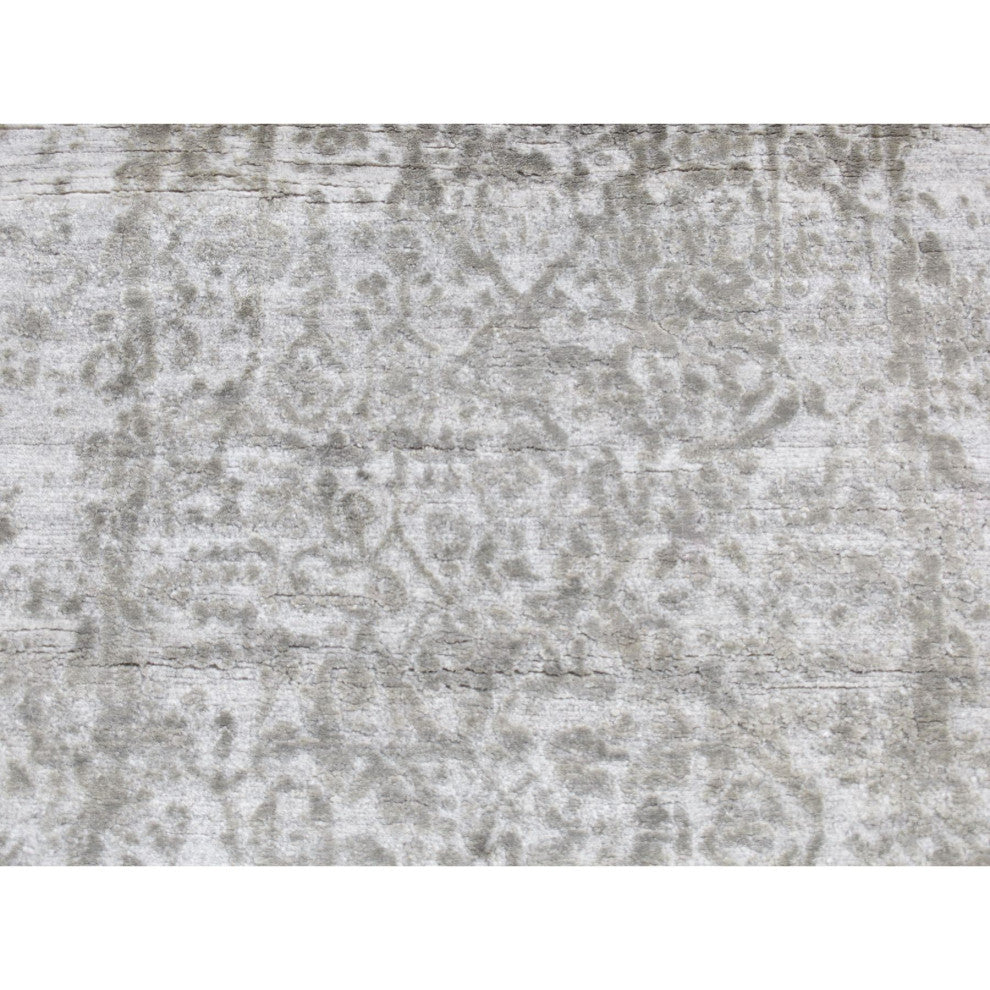 Gray Hand Knotted Wool and Silk Erased Persian Design Runner Rug 2'7" x 6'