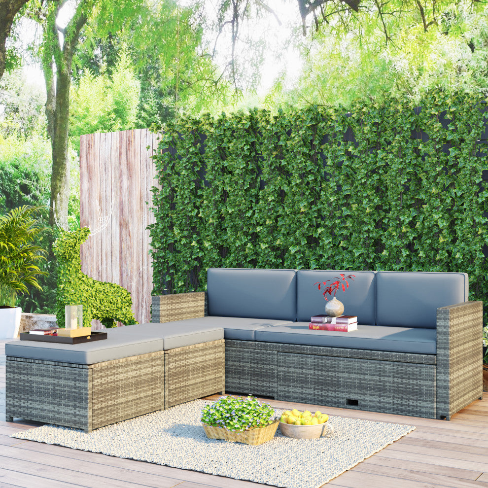 4 Pieces Outdoor Rattan Patio Sectional Sofa Set With Retractable Table