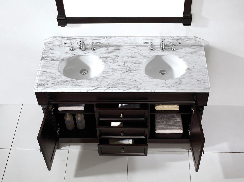 Virtu Huntshire 60" Double Bathroom Vanity, Dark Walnut With Faucet and Mirror