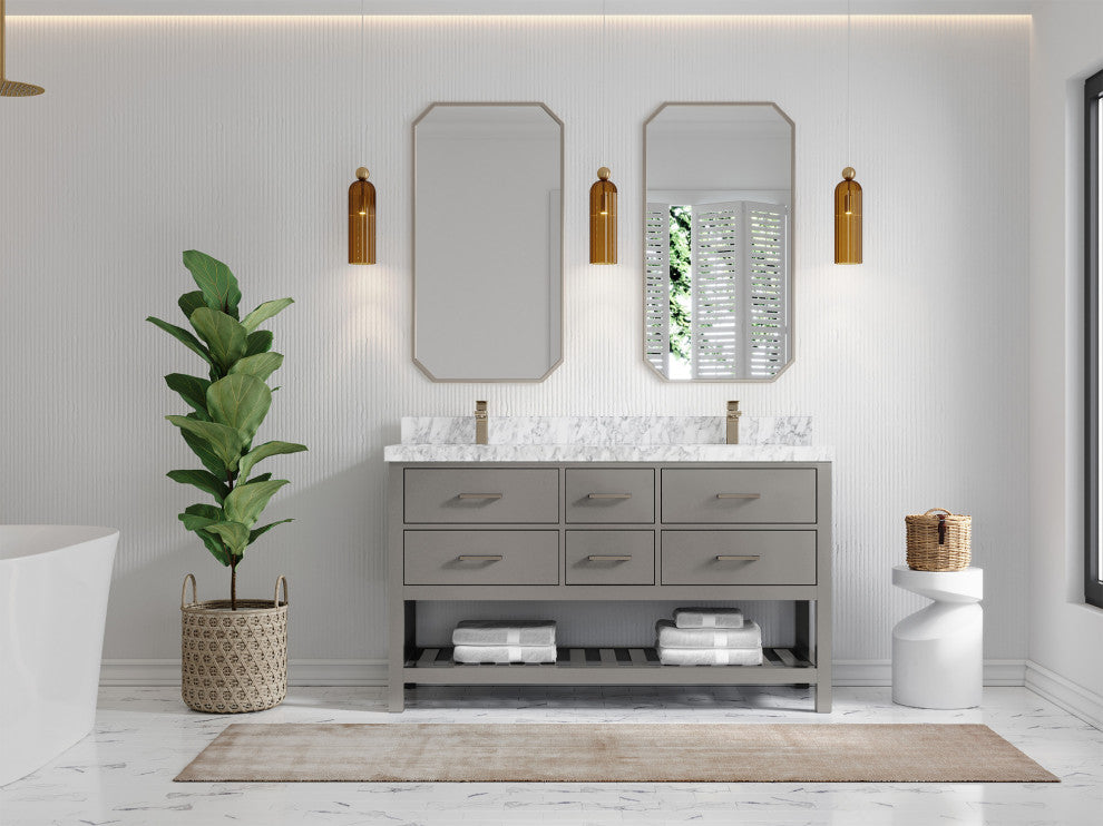 Parker 60 Double Sink Bathroom Vanity in Elephant Skin Gray  2" Carrara Marble