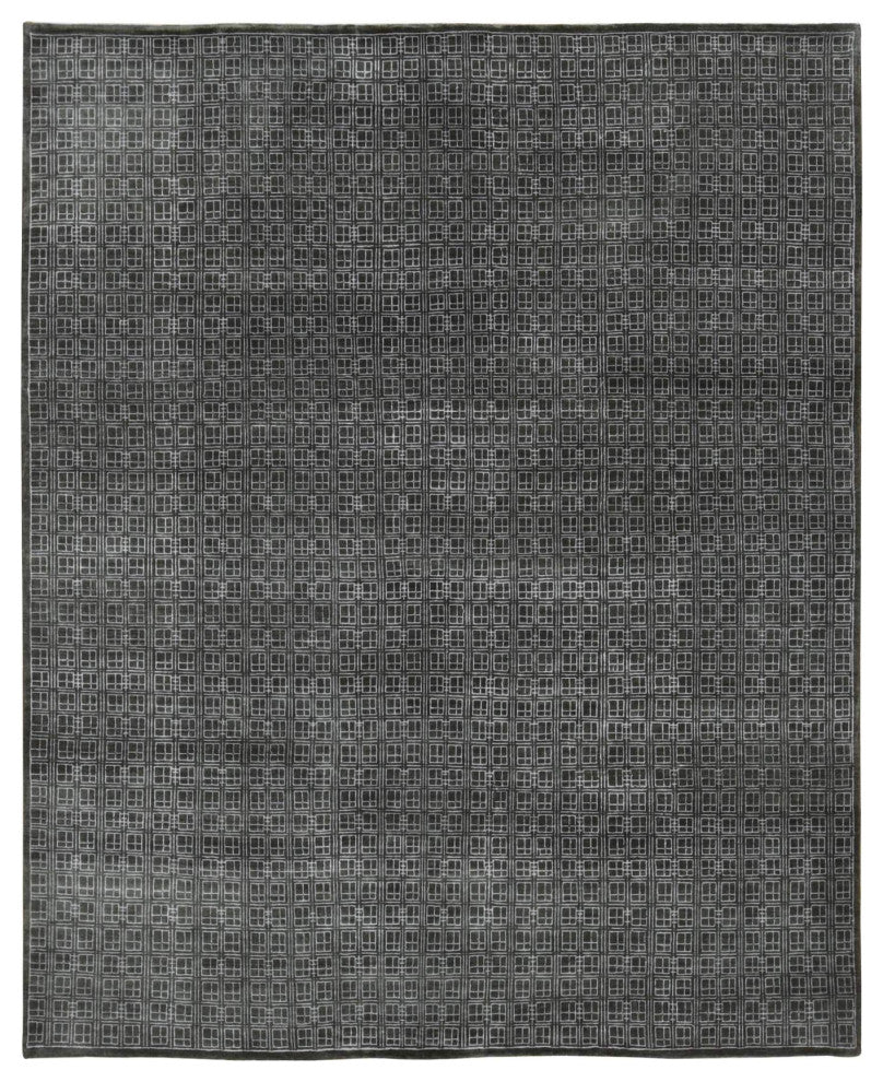 Chocolate Brown, Small Box Design, Wool and Silk, Hand Knotted, Rug, 8'1"x9'9"