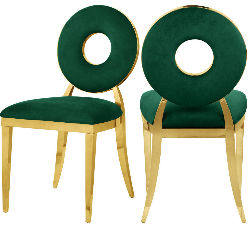 Carousel Upholstered Dining Chair, Set of 2, Green Velvet, Gold Finish