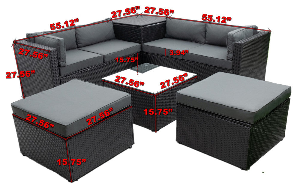 6-Pieces Outdoor Rattan Reversible Patio Sectional With Storage With Cushions