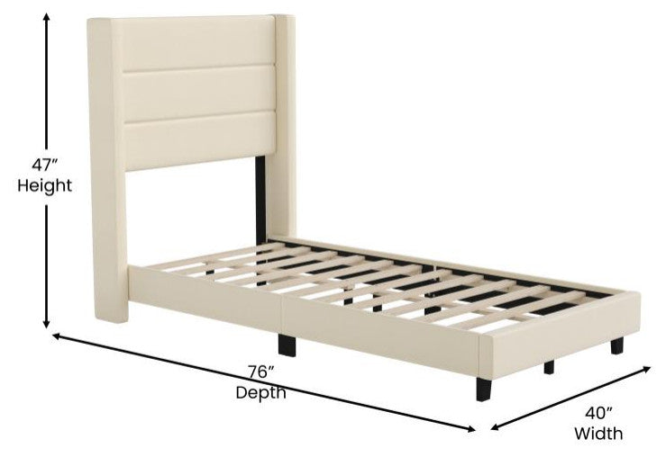 Hollis Upholstered Platform Bed with Wingback Headboard w/Mattress Foundation, Beige, Twin