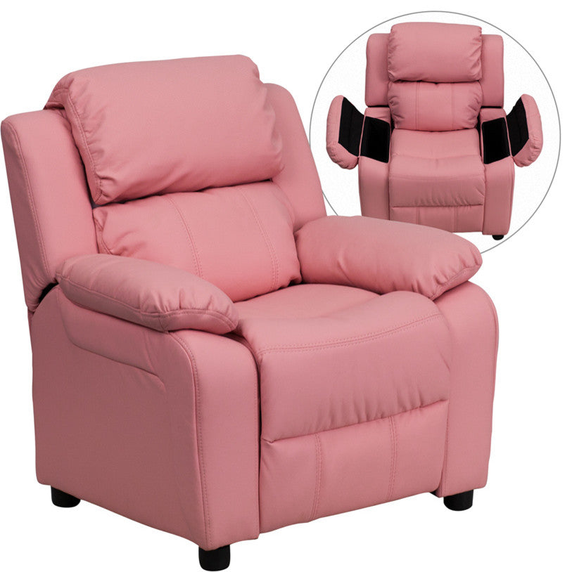 Deluxe Padded Contemporary Pink Vinyl Kids Recliner With Storage Arms