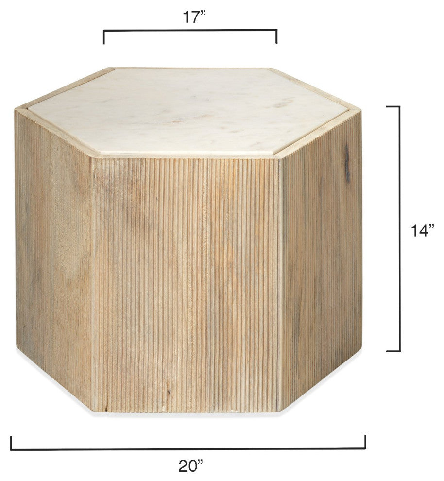 Bleached Wood White Marble Hexagon 14" Bunching Table Minimalist Contemporary