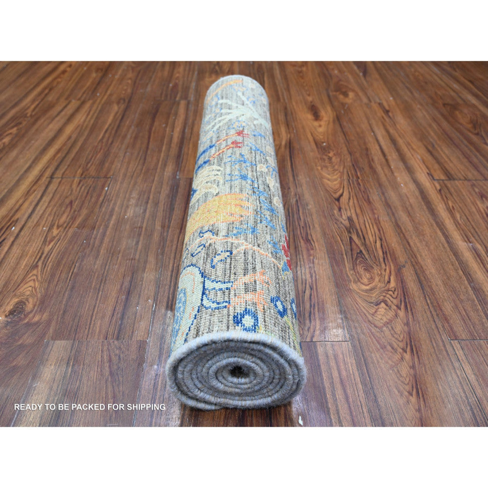 Best Gray Organic Wool Hand Knotted Afghan Peshawar Runner Rug, 2'7"x9'11"