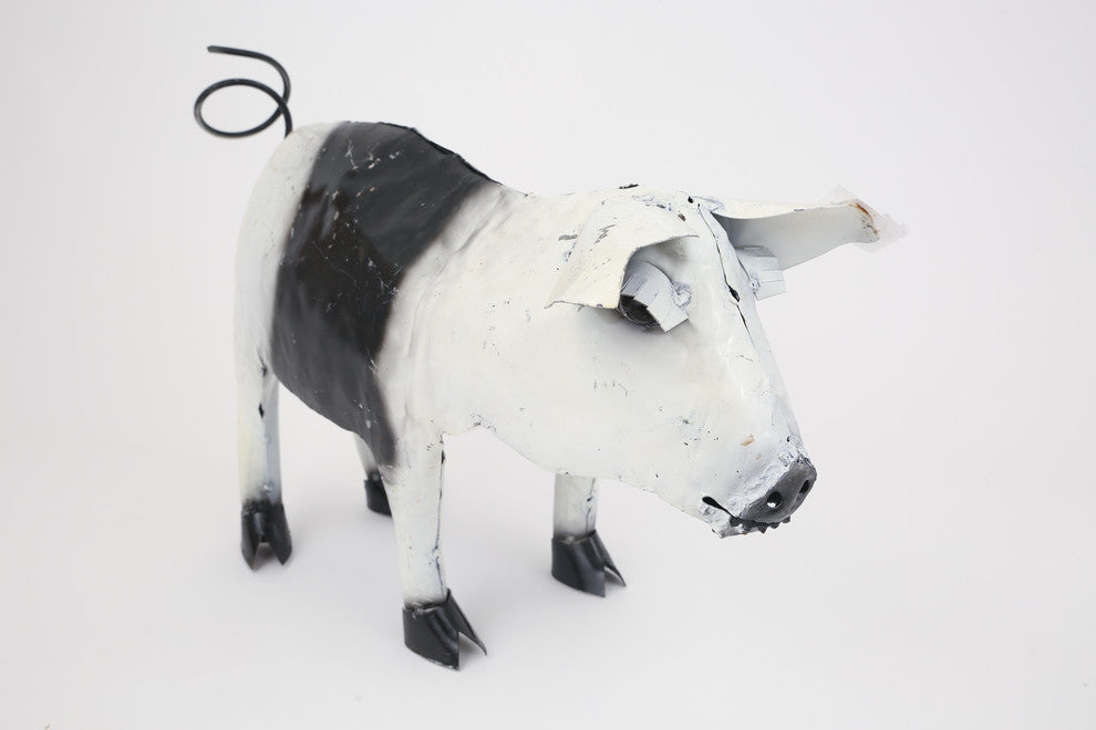 Recycled Metal Standing Pig, Black and White