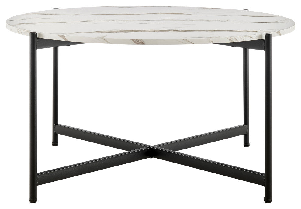 Round Contemporary Marble Finish Veneer Top Black Coffee Table, White/Black