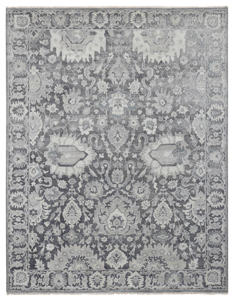 Charcoal Gray Silk/Textured Wool Hand Knotted Oushak Influence Rug, 7'10"x10'2"