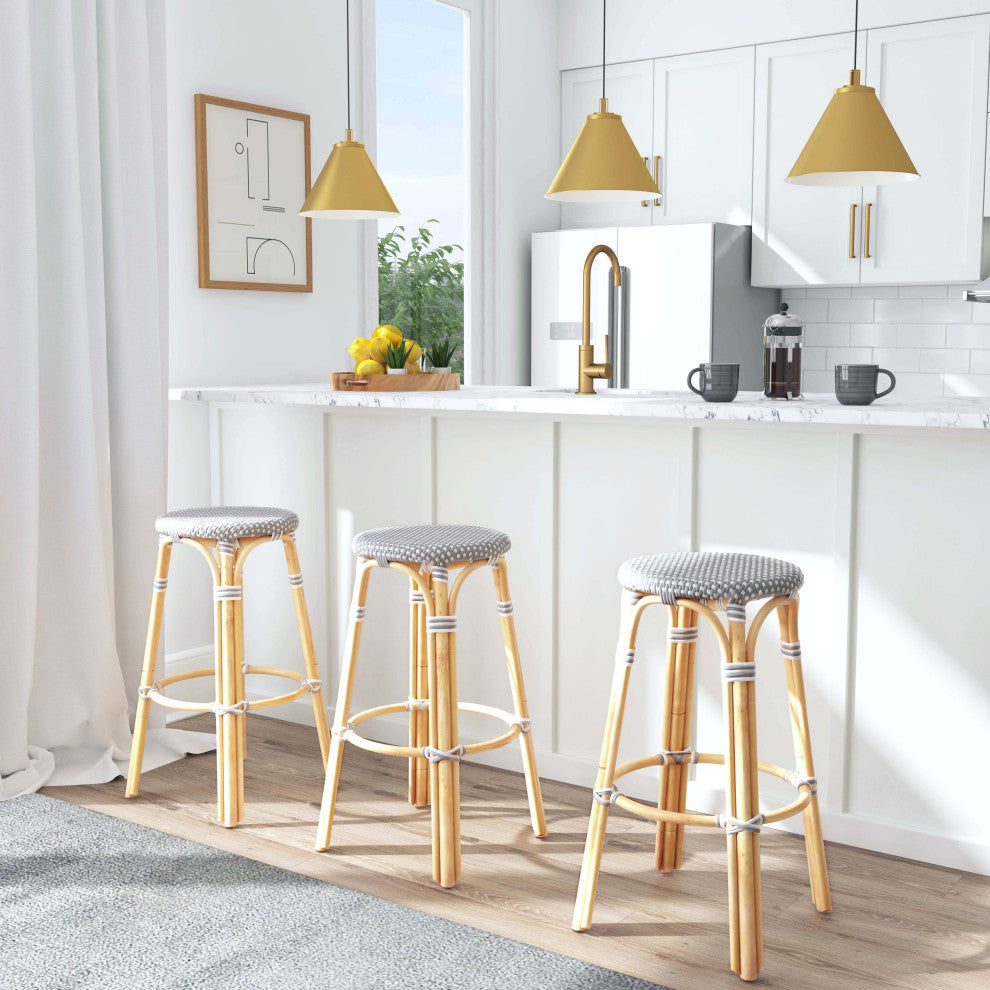 Butler Specialty Company, Tobias Round Rattan 30" Bar Stool, Gray and White Dot