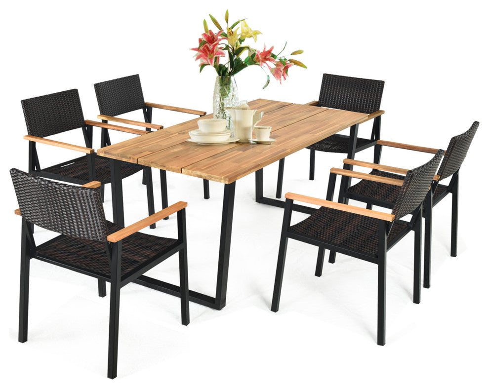 Costway 7PCS Patio Rattan Patented Dining Chair Table Set W/ Umbrella Hole