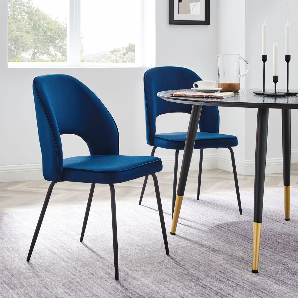 Dining Chair, Set of 2, Black Blue Navy, Velvet, Modern, Bistro Hospitality