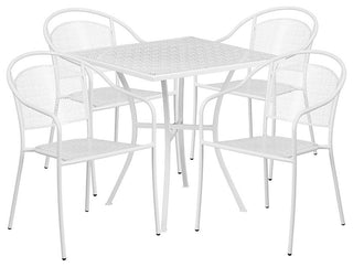 28" Square White Indoor-Outdoor Steel Patio Table Set, 4 Round Back Chairs
