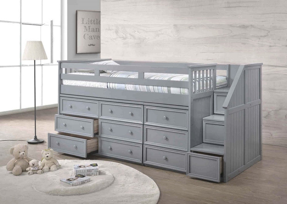 Marlena Grey Twin Storage Low Loft Bed with Stairs