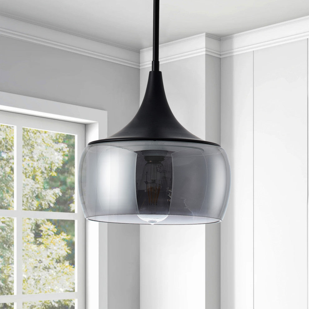 Matte Black 1-Light Pendant Light with Smoke Grey Glass Shade