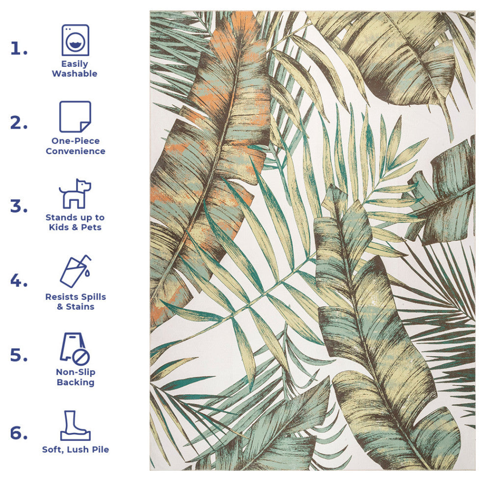 Nuloom Elen Machine Washable Natural Leaves Area Rug, Sage Green 2'6"x6'