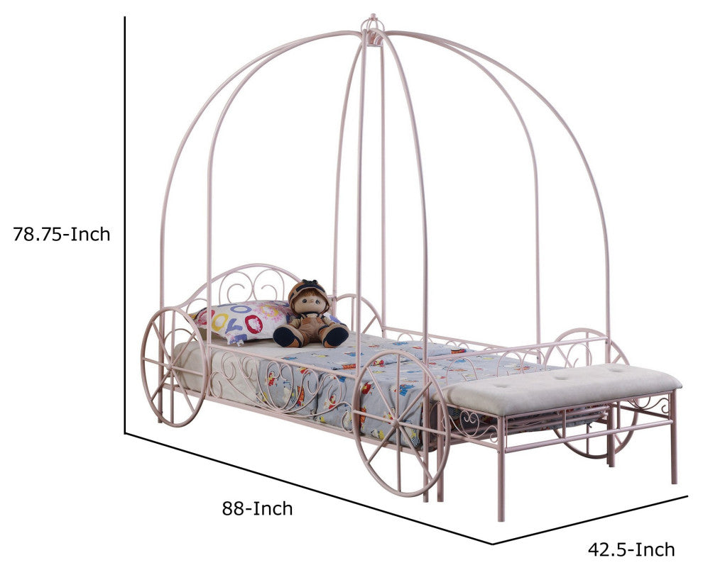 Benzara BM283038 Modern Twin Size Canopy Bed, Princess Carriage Design, Pink