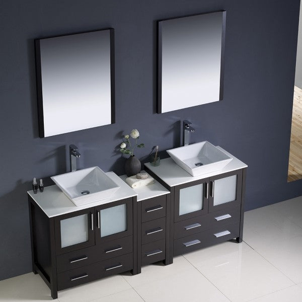 Torino 72" Espresso Double Sink Bathroom Vanity, Side Cabinet, Vessel Sinks