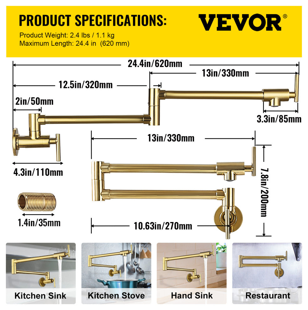 VEVOR Pot Filler Faucet Solid Brass Wall Mount Kitchen Faucet 24.4", Brushed Gold