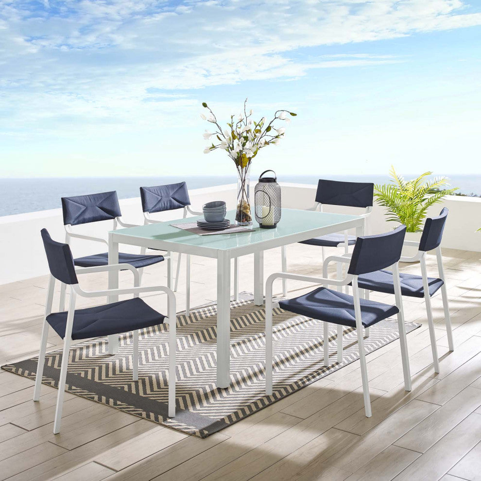Side Dining Chair and Table Set, Aluminum, Metal, White Blue Navy, Outdoor