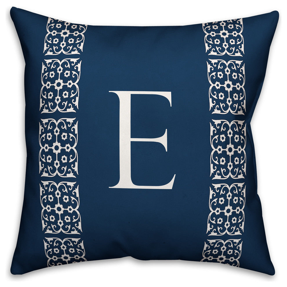Navy with White Lace Pattern - Monogram E 18x18 Spun Poly Pillow