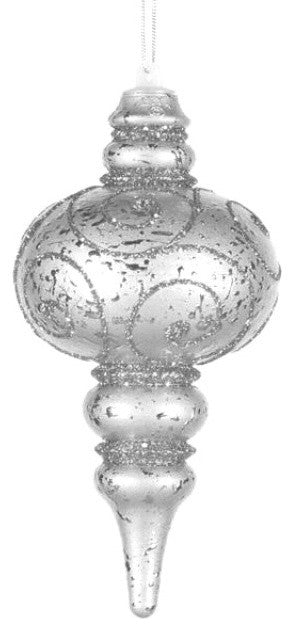 7" Silver Finial Ornament With Silver Glitter