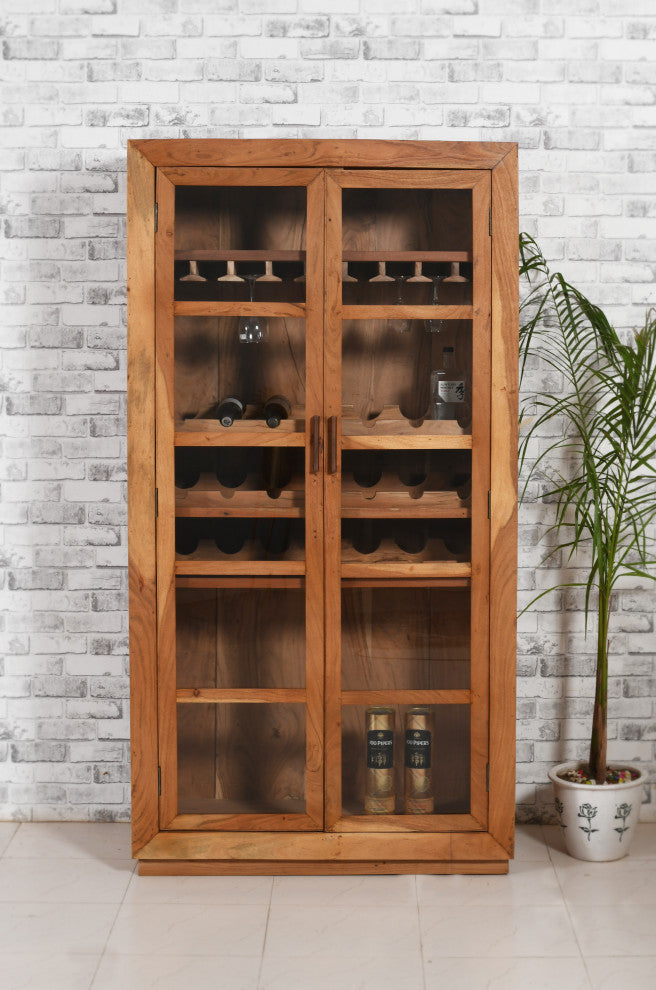 Fernious Tall Wine Cabinet, Natural Finish on Mango Solid Wood