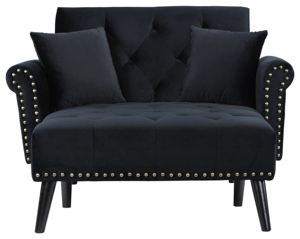 Modern Velvet Fabric Recliner Sleeper Chaise Lounge - Futon Sleeper Chair, Black
