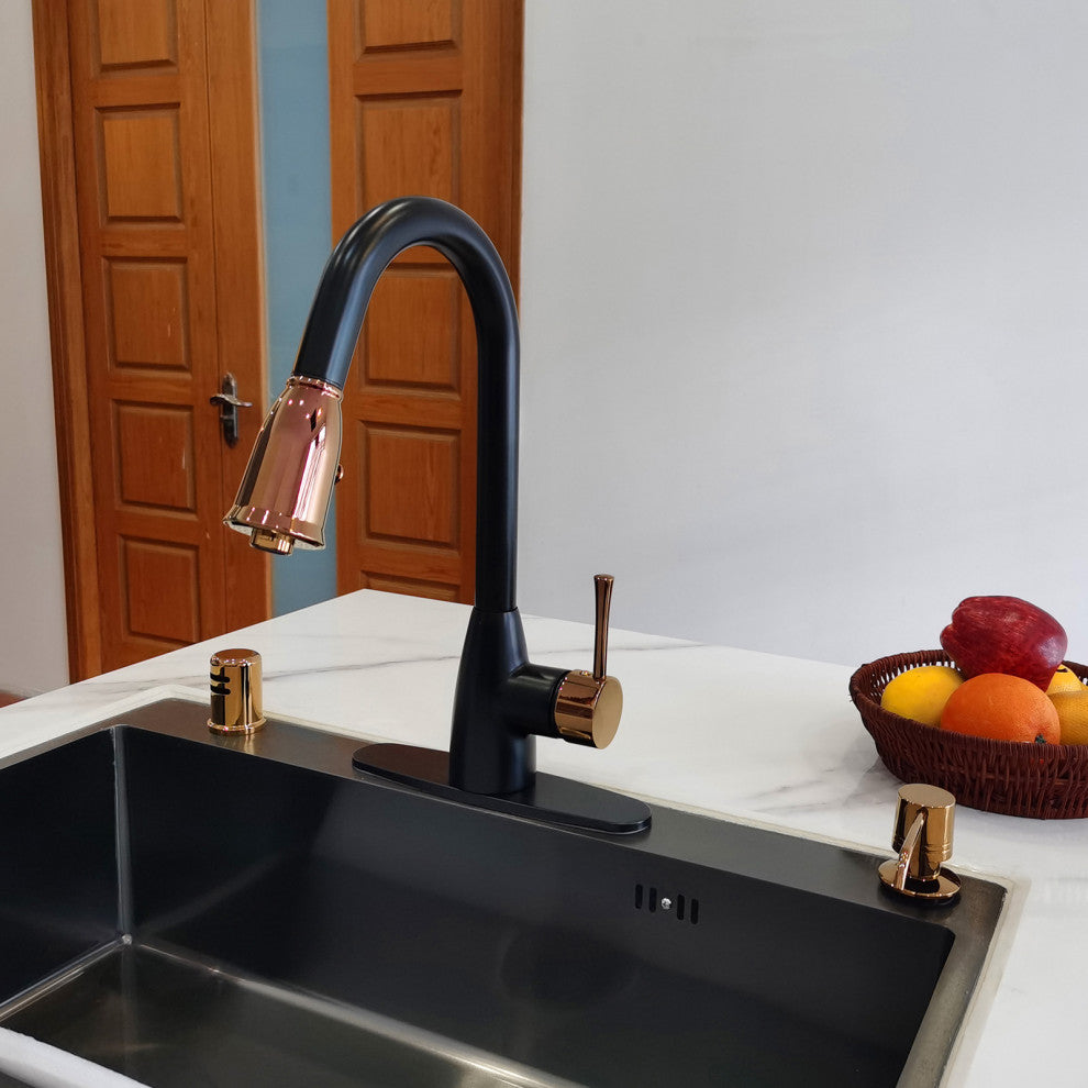 Pull Down Kitchen Faucet With Deck Plate, Two-Tone Matte Black and Rose Gold