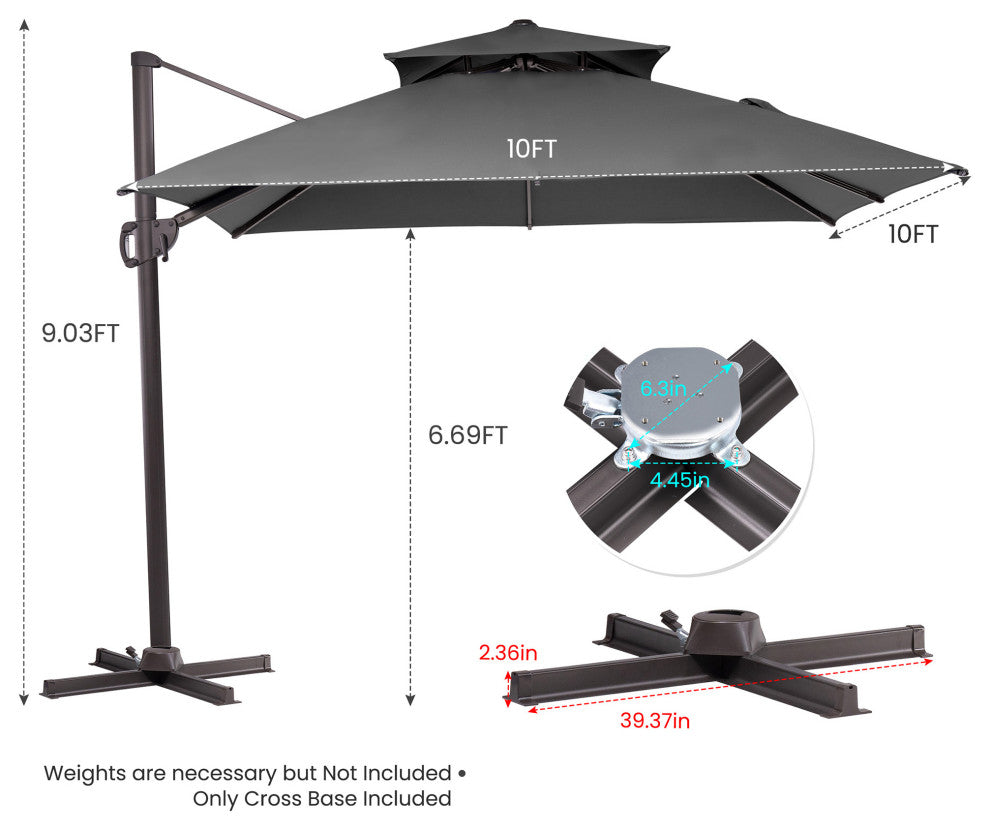 10 FT Double Top Square Offset Umbrella Outdoor Hanging Cantilever Umbrella, Dark Gary