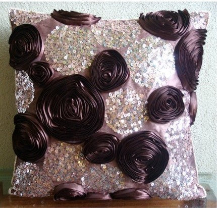 Ribbon Flowers 12"x12" Art Silk Plum Throw Pillows Cover, Wine And Roses