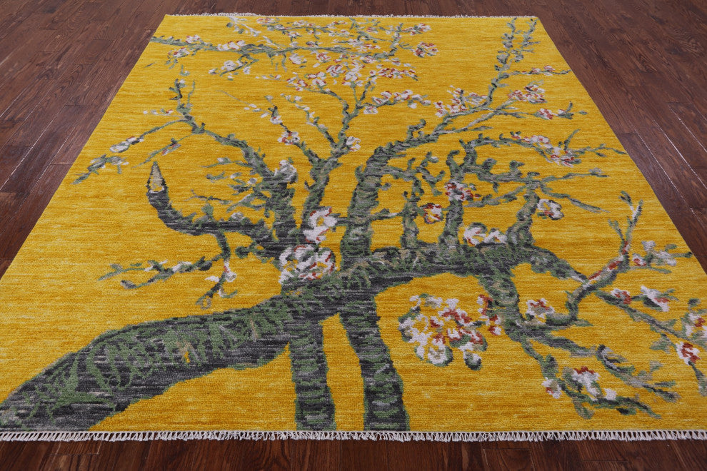 8' Square Almond Blossoms Design Handmade Modern Wool Rug Q11694