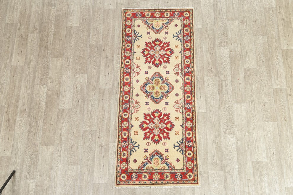 Pakistani Traditional Kazak Wool Hand Made Oriental Runner Rug, Beige, 6'7"X2'9"