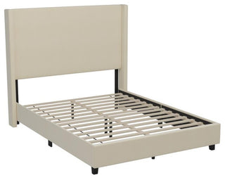 Quinn Upholstered Platform Bed with Channel Stitched Wingback Headboard, Beige, Queen