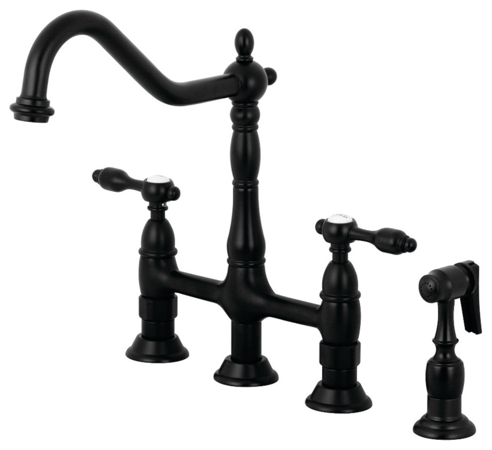 KS1270TALBS Tudor Bridge Kitchen Faucet With Brass Sprayer, Matte Black